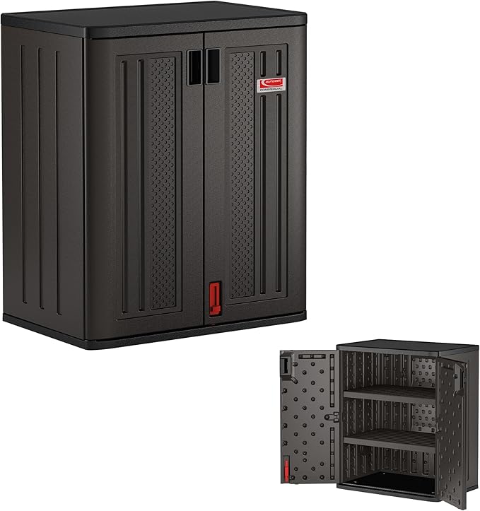 Suncast Heavy-Duty Resin Outdoor Storage Cabinet, 30" W x 20.25" D x 36" H Dark Grey Base Garage Storage Cabinet with Lockable Doors and Metal Reinforced Shelves, Made in The USA