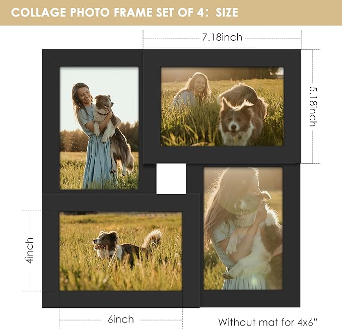 4x6 Collage Picture Frame Tempered Glass Front, Displays Four 4x6 Photo, Family Photo Collage Frame, Wall Decor Wall Hanging or Tabletop, Black