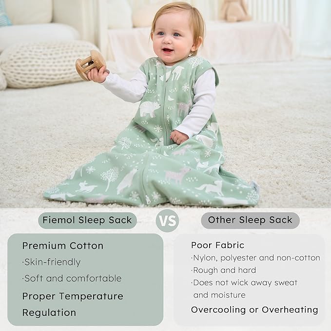 Baby Sleep Sack 6-12 months, 100% Cotton Sleeping Sack for Newborn and Infant, 3 Pack Baby Wearable Blanket, 0.5 Tog Lightweight Double Zipper Sleep Bag Medium Green Forest Bear