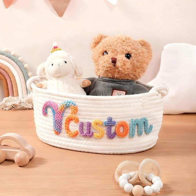 Personalized Baby Shower Basket with Name - Custom Christmas Gift Basket, Newborn Gift Box, Toy Box,Diaper Caddy, Baby Shower Gifts, Cotton Rope Basket，Boo Basket，Dog Toy Basket