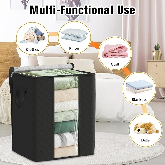 Clothes Storage Bags, 6-Pack Comforter Blanket Organizers, 80L Large Capacity Containers with Visual Window for Clothing, Quilt, Sheet, Pillow, Closet Organization for Bedding (Black)