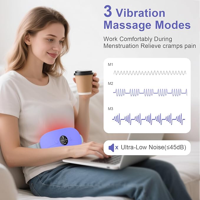 Portable Heating Pad for Period Cramps: Cordless Menstrual Heating Pad with 3 Heat Levels and 3 Massage Modes, 3s Fast Heating for Women and Girl Purple