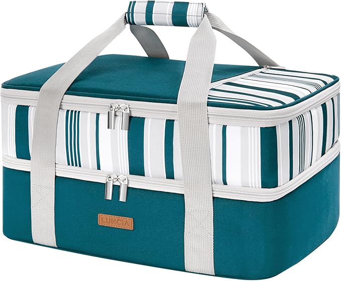 LUNCIA Insulated Double Decker Casserole Carrier, Lasagna Lugger Tote Keeps Food Hot or Cold, Thermal Lunch Bag for Potluck Parties, Picnic and Cookouts, Fits 9" x 13" Baking Dish, Green