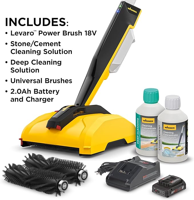 Wagner Spraytech (2469828) Levaro Powerbrush 18V Cordless Outdoor Patio and Deck Cleaner with included Deep Cleaning Solution & Stone/Concrete Cleaning Solution great for outdoor spaces