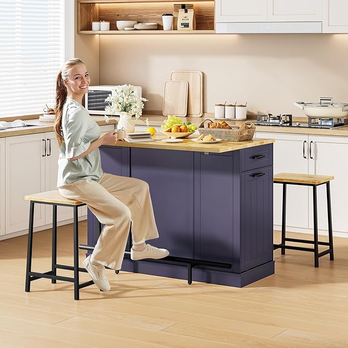 ONBRILL Stationary Kitchen Islands Include 2 Chairs, 47" Kitchen Island with Drop Leaf, Home Bar Table with Spice Rack & with Trash Cabinet, Island Table for Dining Room with Power Outlet, Blue