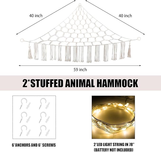 CERETIA Stuffed Animal Hammock with LED Light, Large Stuffed Animals Storage Corner Plushie Net for Kids Room Decor, 2 Packs White