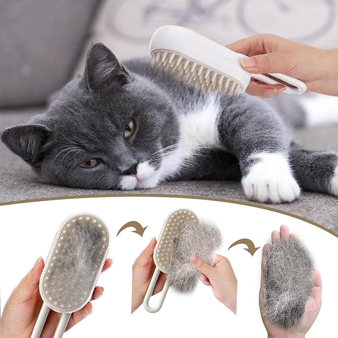 Rabbit Ferret Steam Brush 5 In1 Grooming Kit for Cats Dogs Silicone Massage Tool Stainless Steel Nail Scissors Hair Detangling Comb - Water Spray Rechargeable Shedding Wash-Free Essence (Khaki)