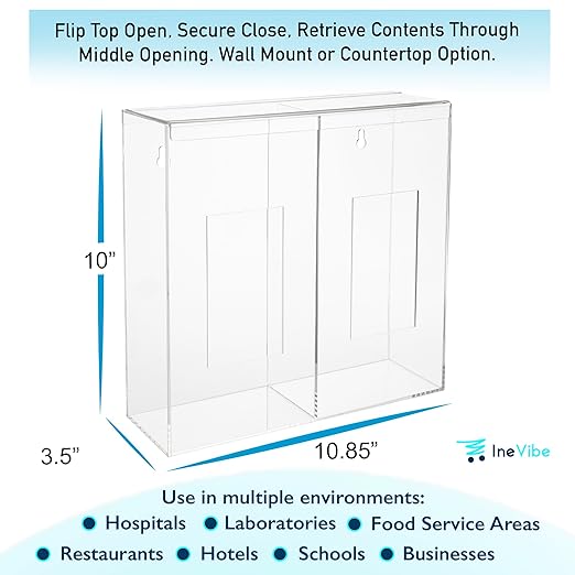 Double Hygiene Holder - 2 Compartment Acrylic Dispenser With Lid for Hairnets, Glove Boxes, Face Masks, Plastic Bags, Tissue Boxes in Home or Medical Setting - Counter or Wall Mount (Double)