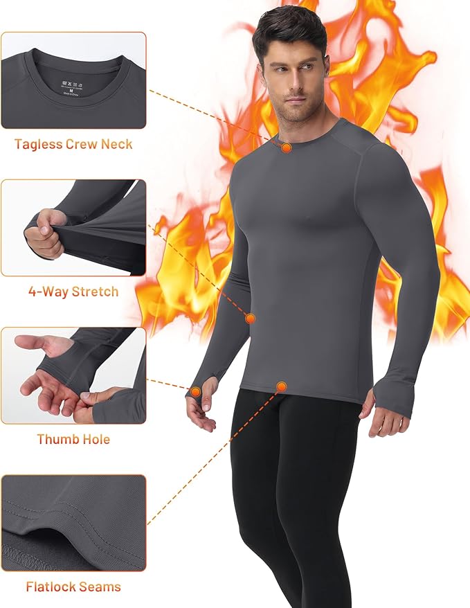 Moozava Mens Thermal Long Sleeve Shirt Fleece Lined Compression Base Layer Top Cold Weather Gear Hunting Athletic Undershirt
