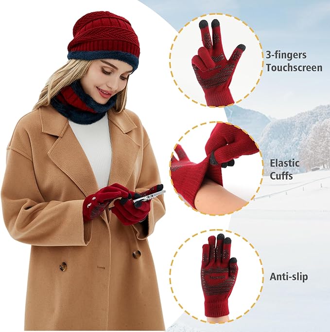 MAYLISACC Winter Knit Beanie Hat Neck Warmer Scarf and Touch Screen Gloves Set 3 Pcs Fleece Lined Skull Cap for Men Women