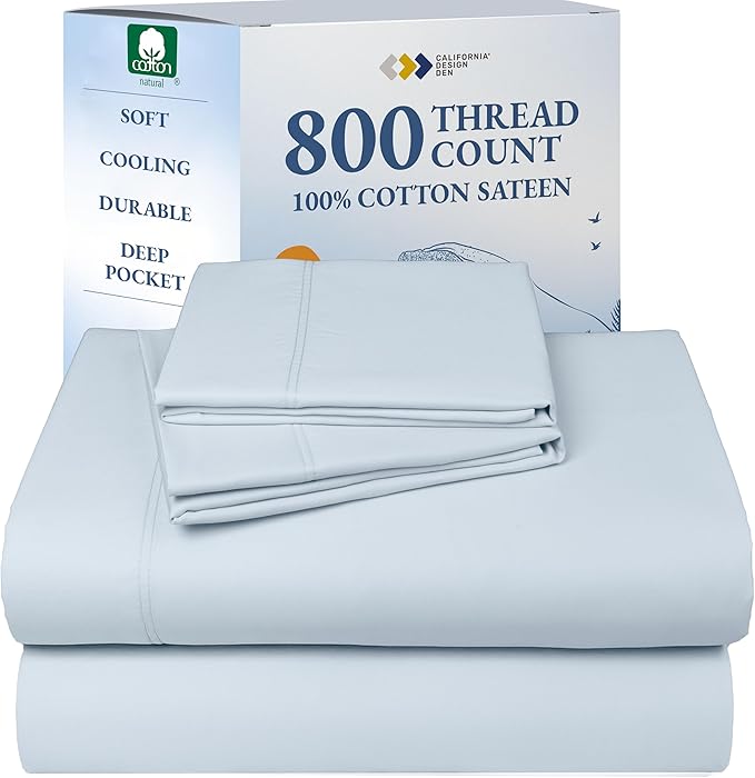 California Design Den King Sheet Set - Luxury 800 Thread Count Sateen, Natural 100% Cotton King Size Sheets Deep Pocket Set for a Snug Fit, Durable Bedding - Blue (Grey Tone)