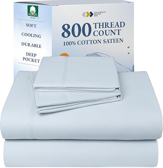 California Design Den King Sheet Set - Luxury 800 Thread Count Sateen, Natural 100% Cotton King Size Sheets Deep Pocket Set for a Snug Fit, Durable Bedding - Blue (Grey Tone)