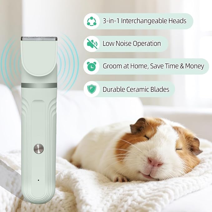 Guinea Pig & Rabbit Grooming Kit 2 in 1 – Cordless Hair Clipper & Nail Grinder for Small Animals– Low-Noise Rechargeable Nail Clippers Electric - Green
