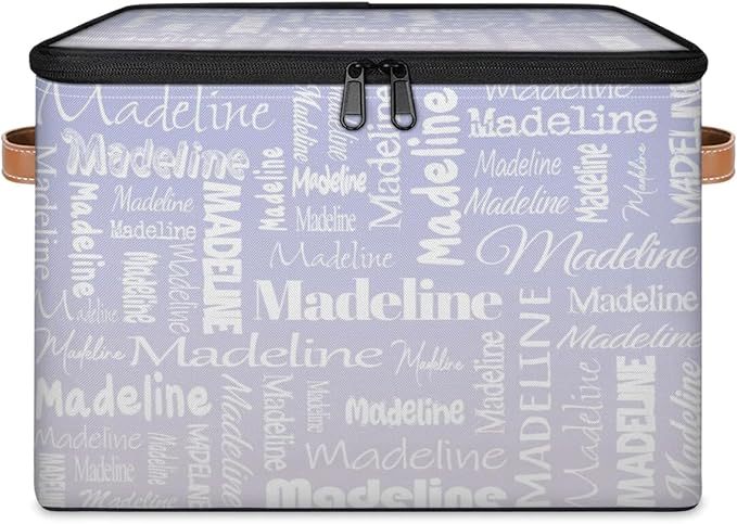 Custom Storage Basket with Name, Personalized Keepsake Box with Zipper Lid, Foldable Fabric Memory Bin Large capacity with Handle Purple White