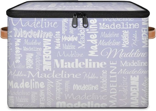 Custom Storage Basket with Name, Personalized Keepsake Box with Zipper Lid, Foldable Fabric Memory Bin Large capacity with Handle Purple White