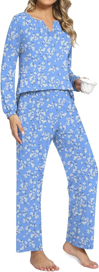 Anyally Women's Plus Size Pajama Sets Ladies Fall Pjs 2 Pieces Lounge Outfits V Neck Long Sleeves Sleepwear with Pockets