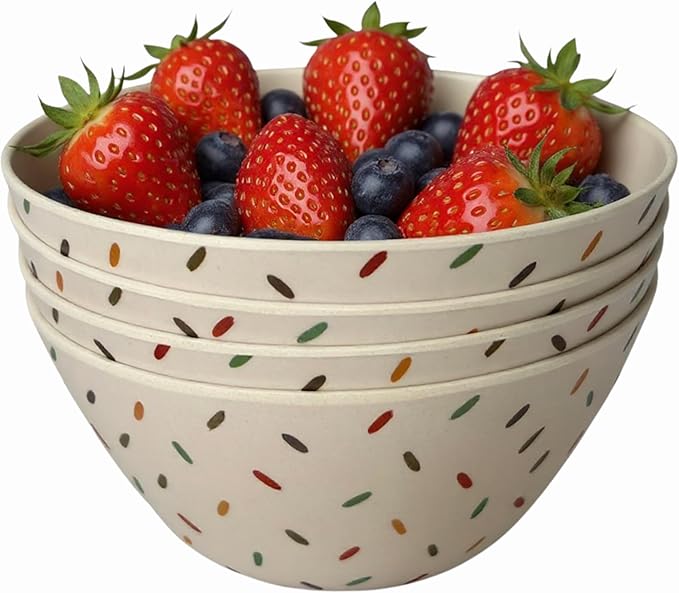 Bamboo Bowl Set of 4 – 6 Inch 20 oz Durable Deep Cereal and Snack Dishware for Kids and Toddlers – BPA Free, Dishwasher Safe, Lightweight Alternative to Plastic or Ceramic (Partypopper)
