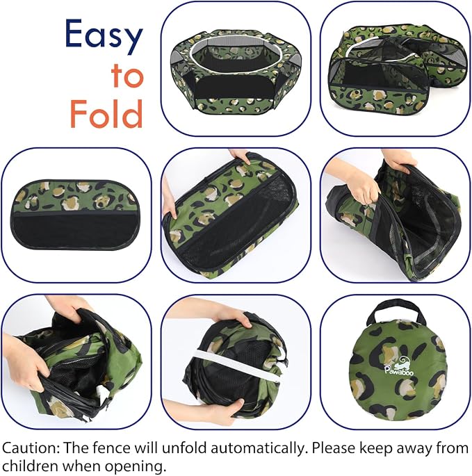 Pawaboo Small Animal Playpen with Zippered Cover, Leopard Print | Portable pop-up pet tent for supervised rabbits, guinea pigs, chicks and kittens; water-resistant bottom and 3 metal rods