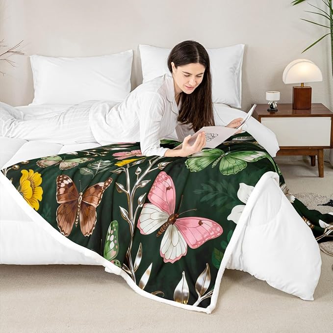 Feelyou Girls Butterfly Fleece Throw Blanket Twin 60"x80" Kids Cute Daisy Sherpa Blanket Plush Fuzzy for Bed Couch Chair Living Room, Beautiful Butterflies Bed Blanket Room Decor