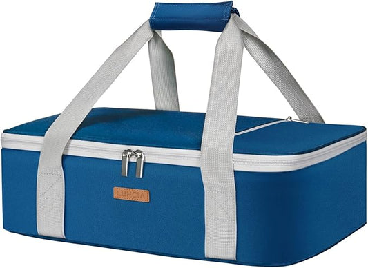 LUNCIA Insulated Single Decker Casserole Carrier, Lasagna Lugger Tote Keeps Food Hot or Cold, Thermal Lunch Bag for Potluck Parties, Picnic and Cookouts, Fits 9" x 13" Baking Dish, Pure Blue