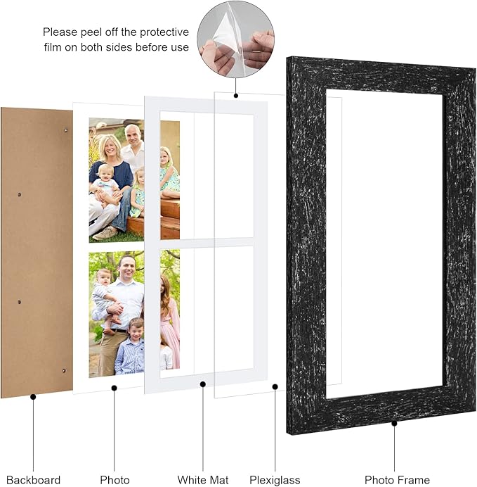 6x15 Picture Frame Display 2 opening 5X7 Double Picture Frame Collage,Multi Photo Frame with Mat,Plexiglass,Horizontal and Vertical Formats for Wall Decor,Black Wood Grain