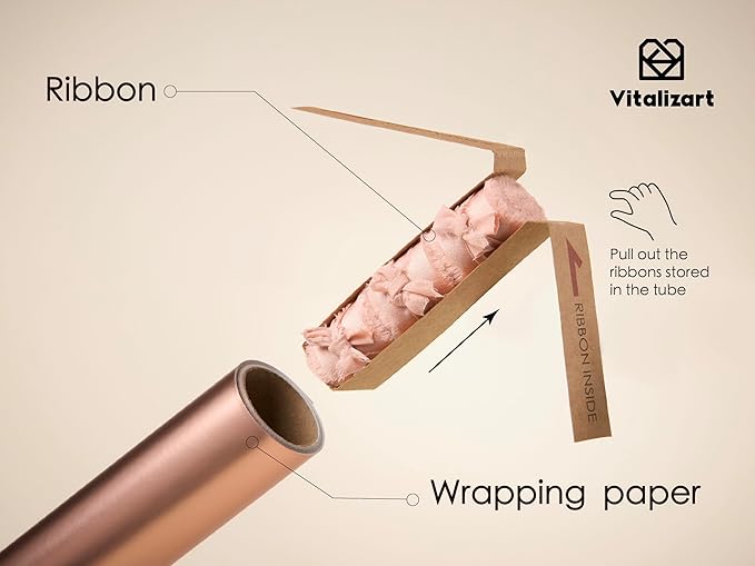 Vitalizart Pink Matte Metallic Wrapping Paper Set 30" With Silk Satin Ribbon & Gift Tags Christmas Gift Wrapping Birthday Baby Shower Wedding Bouquets Handmade Crafts 197"(16.4 Ft) Pink Ribbon