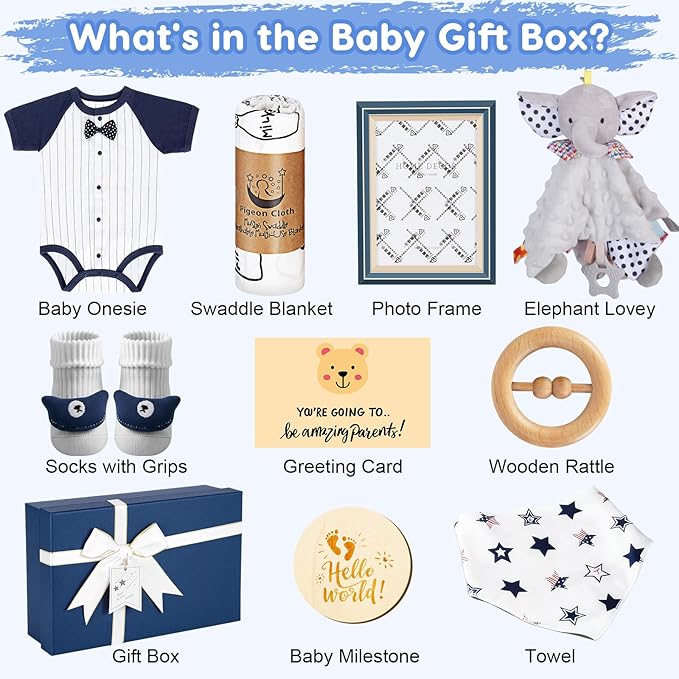 Baby Gift Basket for Newborn Girls & Boys, Baby Shower Gift Set for Boy, Newborn Baby Boy Essentials, Welcome Home, Gender Reveal Gifts for New Parents, Blue Gift Box