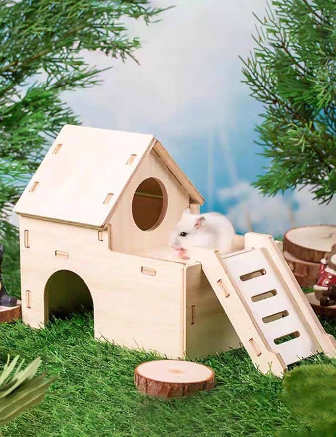 Hamster Hideout Cage Accessories - Hamster House and Habitat Wooden Hide Hut with Climbing Ladder and Platform for Dwarf Gerbils and Mouse Mice Rat Other Small Animals etc.