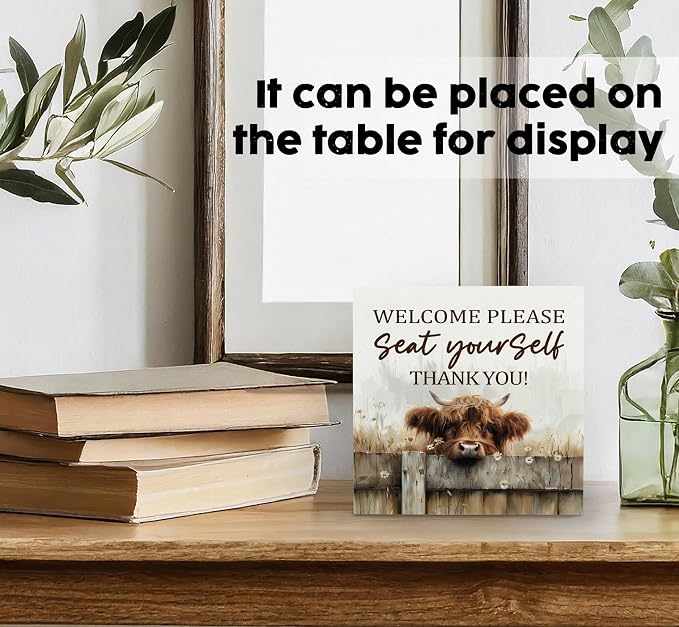 Highland Cow Bathroom Decor Sign - Farmhouse Western Animal Bathroom Decor,Rustic Farm Animal Welcome Please Seat Yourself Thank You Signs,Highland Cow Gifts for Women Signs & Plaques