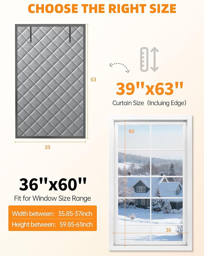 Window Insulation for Winter, 39″×63″ Thermal Window Cover (Fits 36″×60″ Windows ), Dual-Sided Winterizing Curtain for Home & RV, Reusable Draft Stopper with Roll-Up Buckle