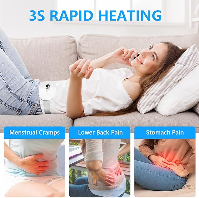 LISACOOL Portable Ccordless Heating Pad for Period Cramps Electric Waist Belt Device Portable Heatings Pad with 3 Heat Levels and 3 Massage Modes Birthday Gifts for Women and Girls (White)
