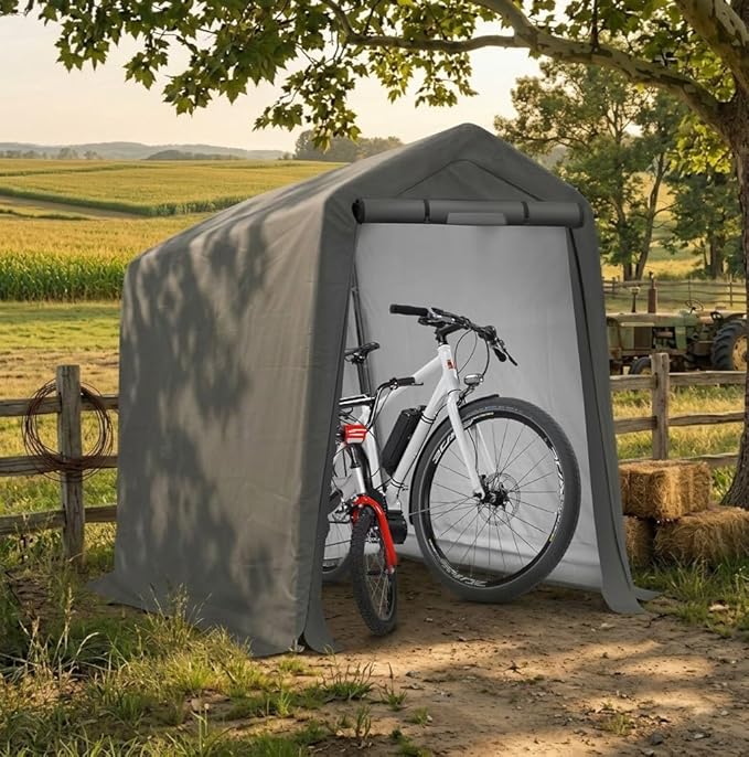 COVERONICS 6' x 7' Outdoor Storage Shed - Heavy Duty Portable Shelter Carport with Ventilation Windows and Roll-up Doors, Storage Shelter Tent for Motorcycle, Bike, Lawnmower and Garden Tools, Grey