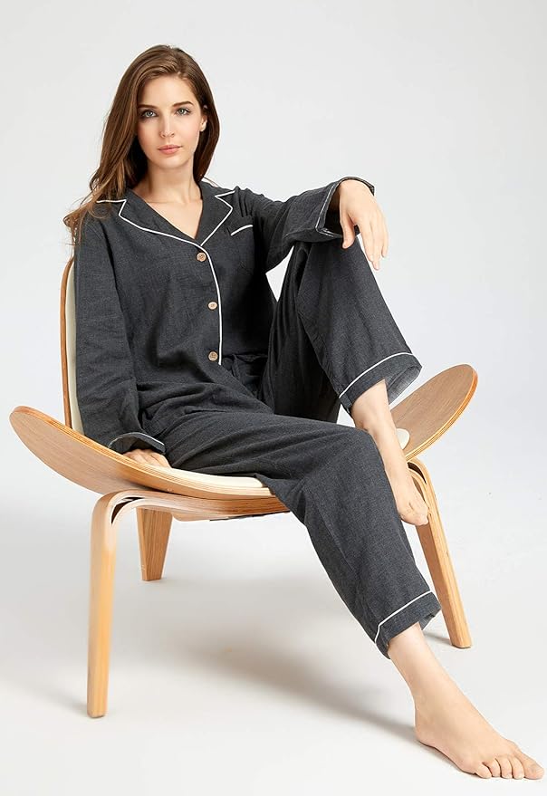 Womens Pajama Sets 100% Double Gauze Cotton Linen Like Muslin Pajamas Long Sleeve Button Down Sleepwear Soft Pjs Lounge Set