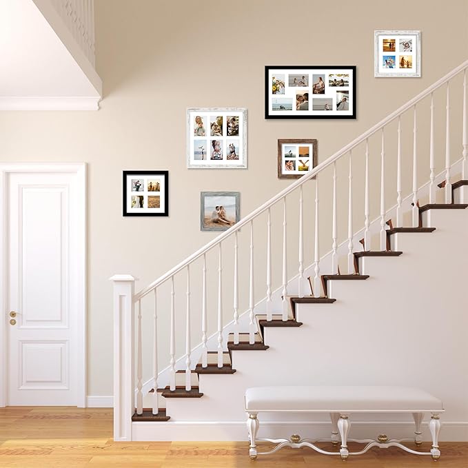 8x8 Picture Frame Set of 2, with Glass and Rustic Brown Wood Frames, Display Collage Four Opening 3x3 With Mat or 8 x 8 Without Mat for Wall Hanging or Tabletop