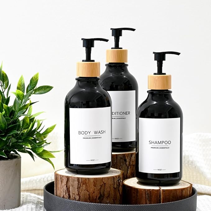 Shower Shampoo and Conditioner Bottles, Apothecary Dispenser Bamboo Pump, Refillable Bottles for Lotion Oil Hand Soap and Dish Soap, Plastic Set (3 Bottles 9 Labels) (6, Black)