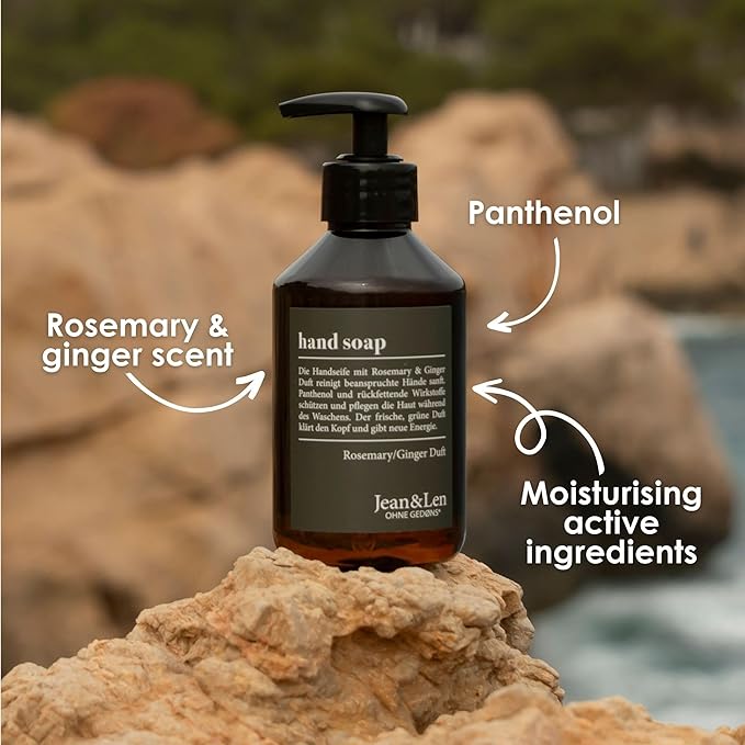Jean & Len Hand Soap Rosemary & Ginger, with Hand Cream, liquid soap in dispenser gently cleanses hands, hand cream nourishes intensively, paraben free, Soap 8.4 Fl. Oz. + Hand Cream 2.54 Fl. Oz.