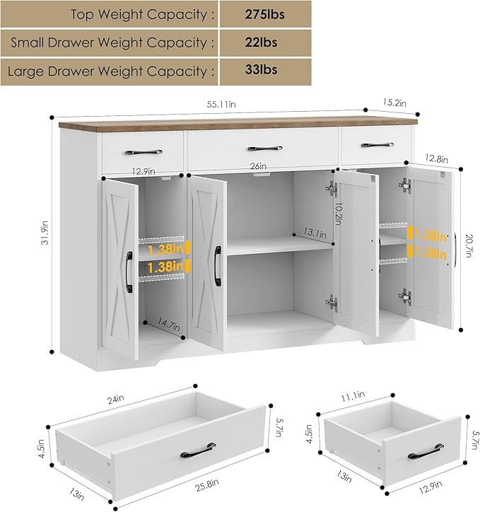 HOSTACK Buffet Cabinet with Drawers, 55" Large Sideboard Buffet Storage Cabinet with Shelves and Doors, Modern Farmhouse Coffee Bar Station Wood Kitchen Table for Kitchen, Dining Room, White/Rustic