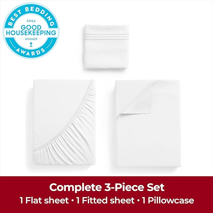 Mellanni Twin Sheets Set - 3 PC Iconic Collection Bedding - Hotel Luxury, Extra Soft, Cooling Bed Sheets - Wrinkle, Fade, Stain Resistant (Twin, White)