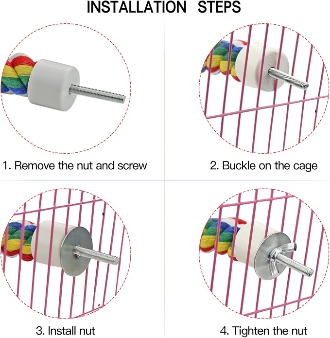Mygeromon Bird Rope Perches Cage Climbing Accessories (41inch Metal nut) | for Parakeet, Parrot, Cockatiels, Budgie, Colorful