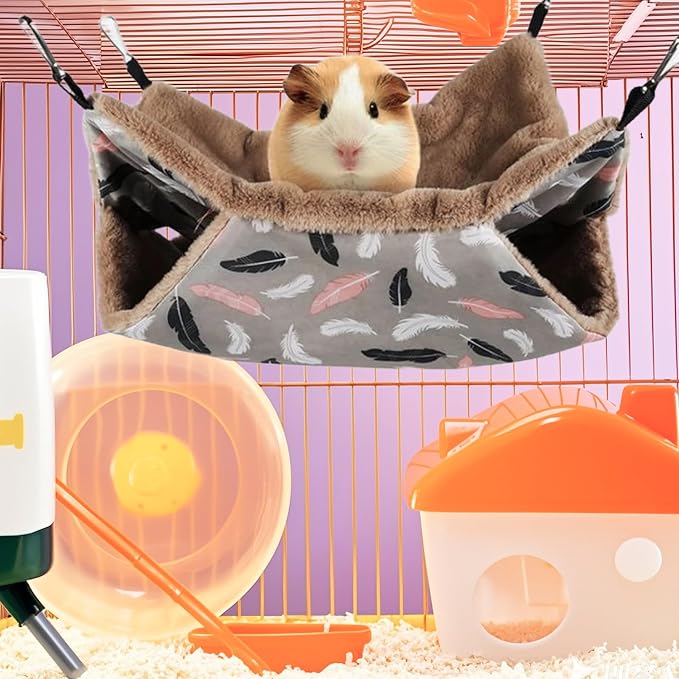 LYART 2 Pieces Guinea Pig Rat Ferret Hammocks and Warm Beds for Small Animals Pet, Squirrel Rat Ferret Cage Accessories and Toys for Sugar Glider Guinea Pig Hamster (1.Flamingo+Feather)