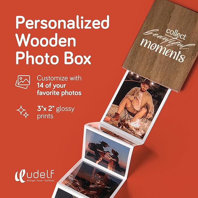 udelf Personalized Wooden Keepsake with Accordion Pull-Out | Custom Album for 14 Photos 3"x2"| Memory Storage for Birthdays, Weddings & Anniversaries (Vertical Moments)