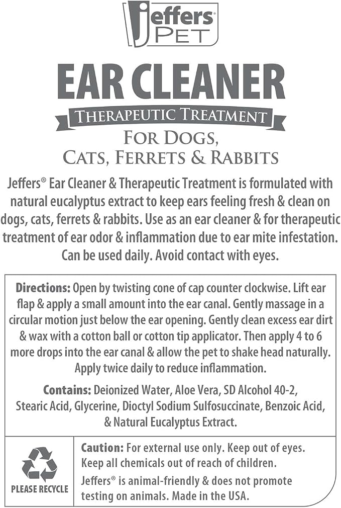 Jeffers Pet Ear Cleaning Solution for Dogs, Cats & Puppies, 8 oz – Aloe Vera Ear Wash for Wax & Odor Removal, Itchy Ear Comfort, Routine Ear Hygiene, Home Grooming, Travel Friendly Pet Care