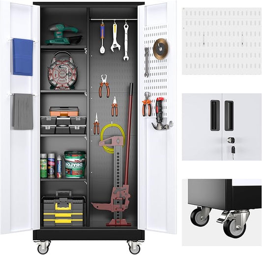 Broom Closet Storage Cabinet with Wheels and Pegboard,Metal Garage Storage Cabinet with Doors and Adjustable Shelves for Garage Home,Required Assembly,Black and White