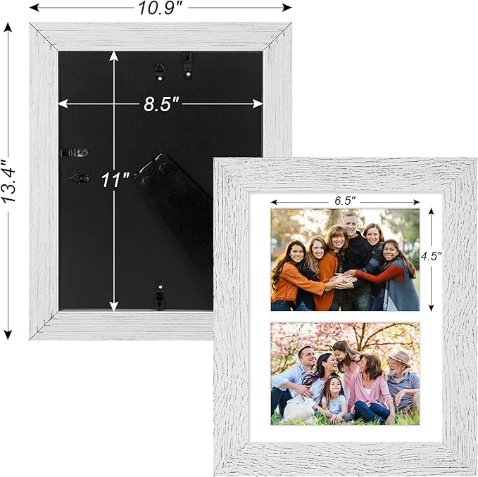 8.5x11 Picture Frame Display 2 opening Double 5x7 Picture Frame Collage,Multi Photo Frame with Mat,Plexiglass,Horizontal and Vertical Formats for Wall Decor,Distressed White Wood Grain