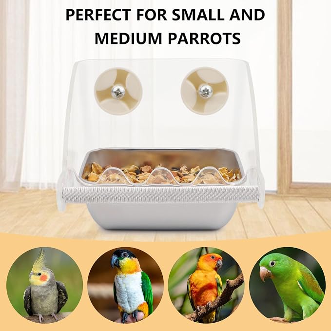 Hypeety Transparent No Mess Bird Feeder for Cage with Anti-Slip Perch | Clear acrylic cage feeder, stainless steel food bowl, easy to install, fits most cages, for parrots/cockatiels/conures/quaker
