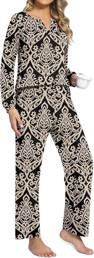 Anyally Women's Plus Size Pajama Sets Ladies Fall Pjs 2 Pieces Lounge Outfits V Neck Long Sleeves Sleepwear with Pockets