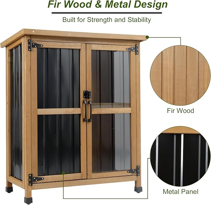Ketive Outdoor Storage Cabinet, Wood & Metal Small Garden Tool Storage Cabinet with Weather-Resistant Asphalt Roof, Double Lockable Doors & Removable Shelves for Porch, Patio, Garden, Backyard