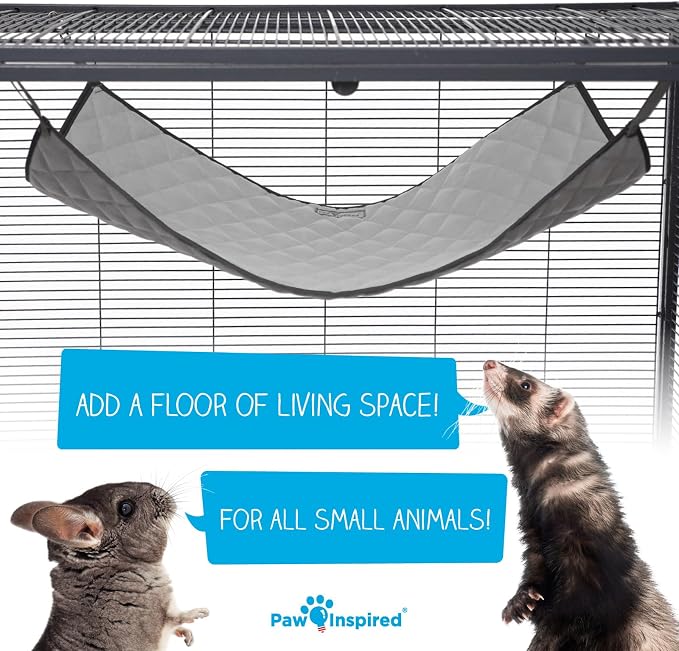 Paw Inspired Hanging Fleece Hammock for Small Animals, Gray/Light Gray | Hammock with Swivel Clips for Pet Cage for Ferrets, Rats, Chinchillas, Sugar Gliders, Hideout Toy for Guinea Pigs, Hamsters