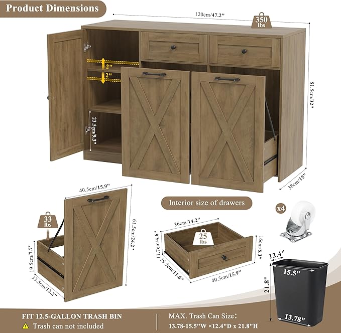 HOSTACK 12.5 Gallon Kitchen Trash Cabinet, 47" Double Trash Can Cabinet, Large Pull Out Can Storage Drawers, Wood Farmhouse Hidden Garbage Storage Buffet for Kitchen, Dining Room, Rustic Brown