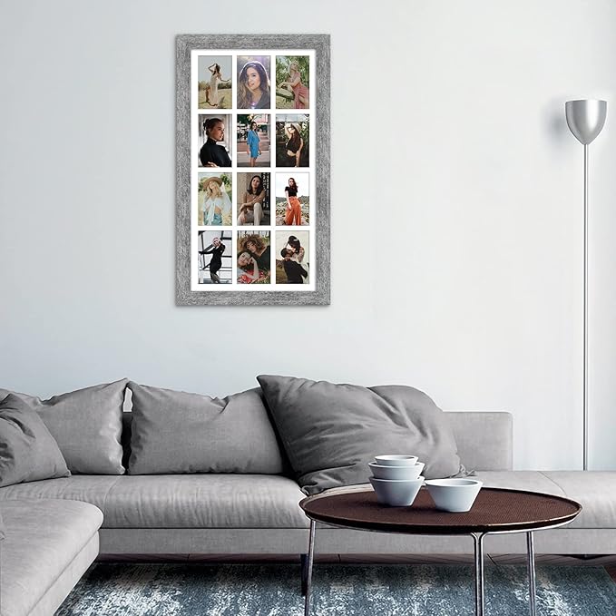 13x25 Picture Frame Display 12 opening 4X6 Picture Frame Collage,Multi Photo Frame with Mat,Plexiglass,Wall Mount Decor,Grey Wood Grain